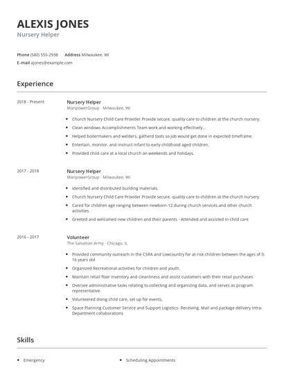 Nursery Helper Resume