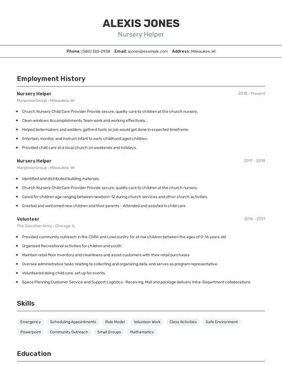 Nursery Helper Resume