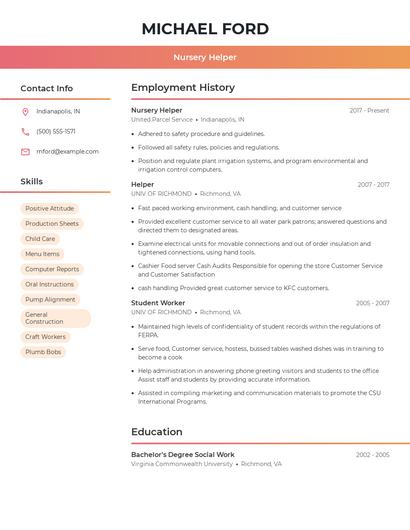 Nursery Helper Resume