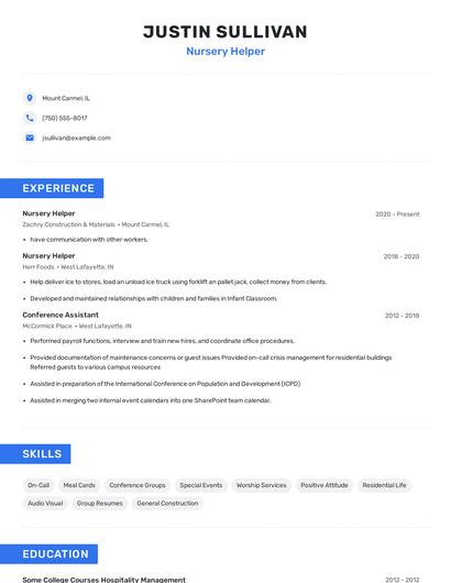 Nursery Helper Resume