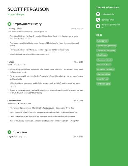 Nursery Helper Resume