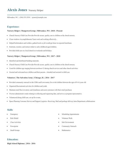 Nursery Helper Resume