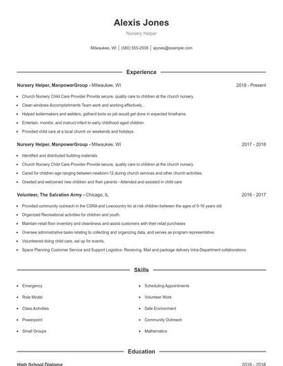 Nursery Helper Resume