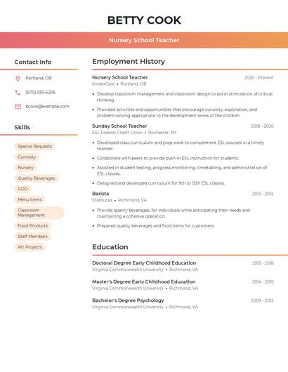 Nursery School Teacher Resume