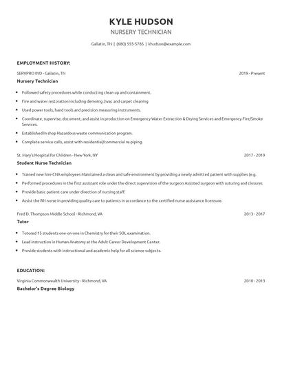 Nursery Technician Resume