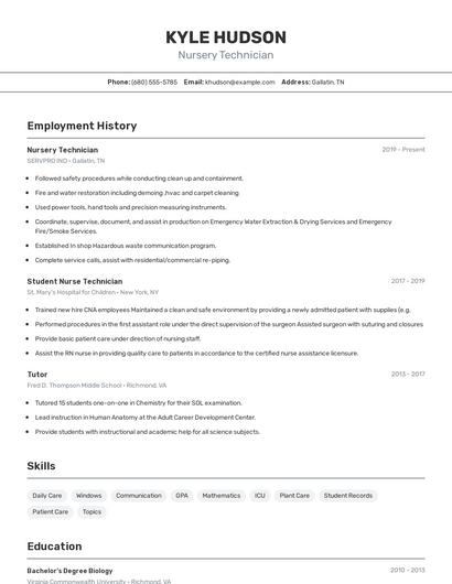Nursery Technician Resume