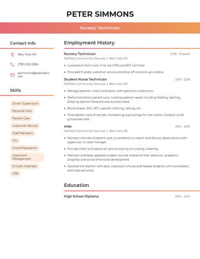 Nursery Technician Resume