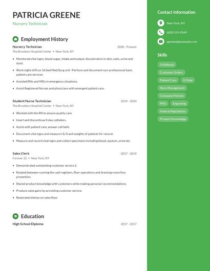 Nursery Technician Resume