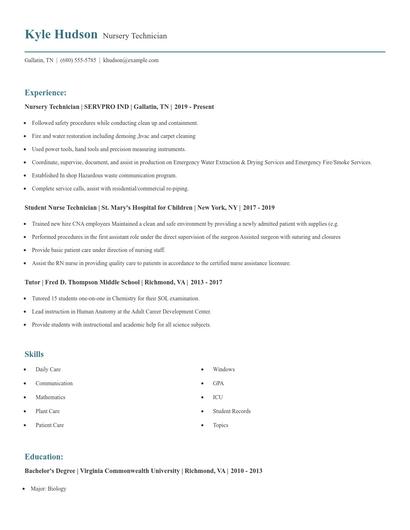 Nursery Technician Resume