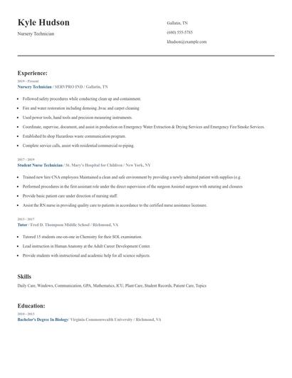 Nursery Technician Resume
