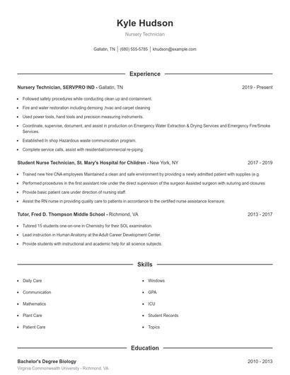 Nursery Technician Resume