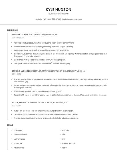 Nursery Technician Resume