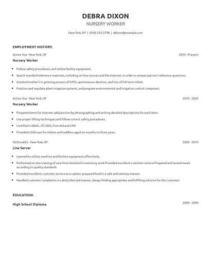 Nursery Worker Resume