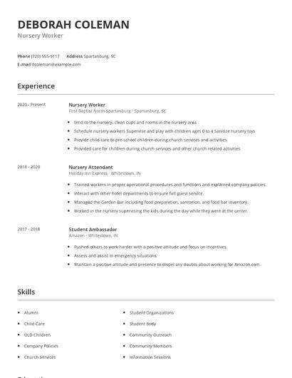 Nursery Worker Resume