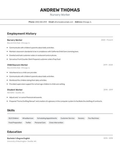 Nursery Worker Resume