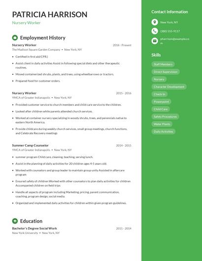 Nursery Worker Resume