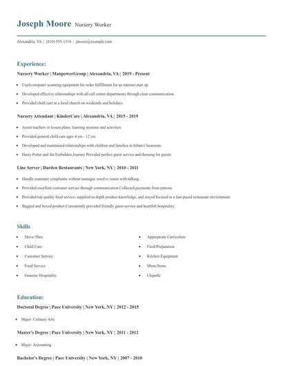 Nursery Worker Resume