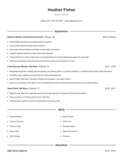 Nursery Worker Resume