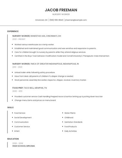 Nursery Worker Resume