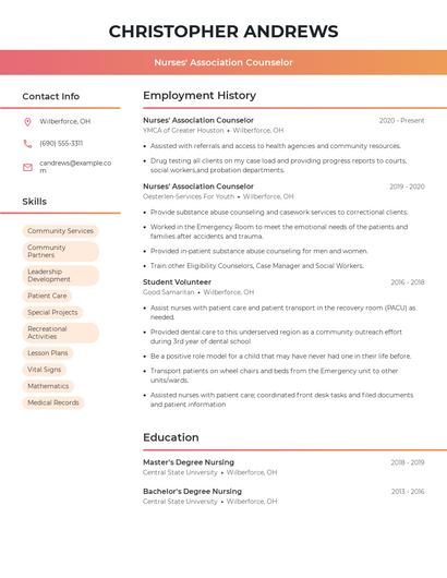 Nurses' Association Counselor Resume