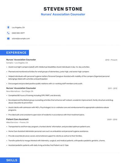 Nurses' Association Counselor Resume