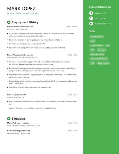 Nurses' Association Counselor Resume
