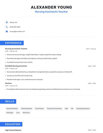 Nursing Assistants Teacher Resume