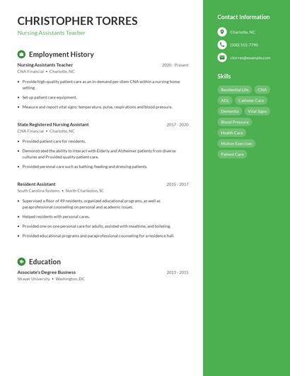 Nursing Assistants Teacher Resume