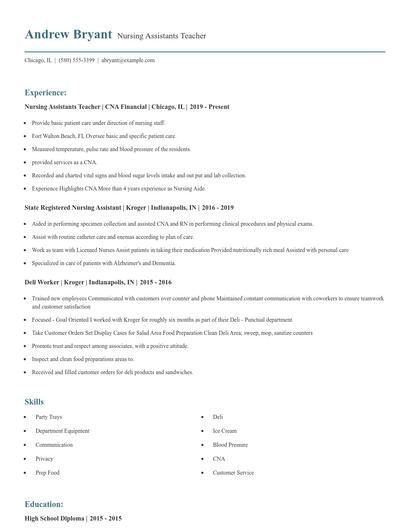 Nursing Assistants Teacher Resume