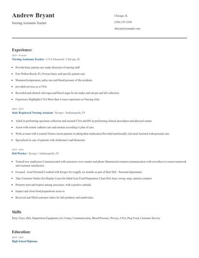 Nursing Assistants Teacher Resume