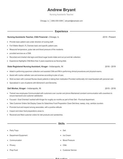 Nursing Assistants Teacher Resume