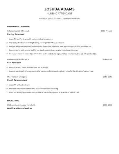Nursing Attendant Resume