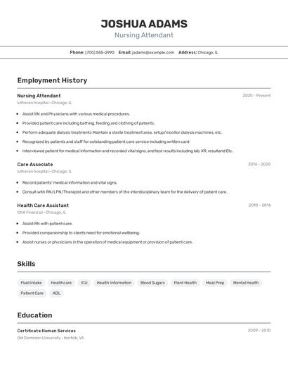 Nursing Attendant Resume