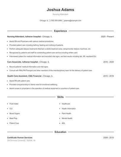Nursing Attendant Resume