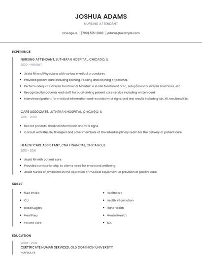 Nursing Attendant Resume