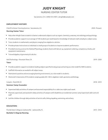 Nursing Center Tutor Resume