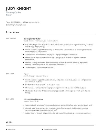 Nursing Center Tutor Resume