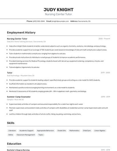 Nursing Center Tutor Resume
