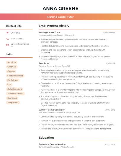 Nursing Center Tutor Resume
