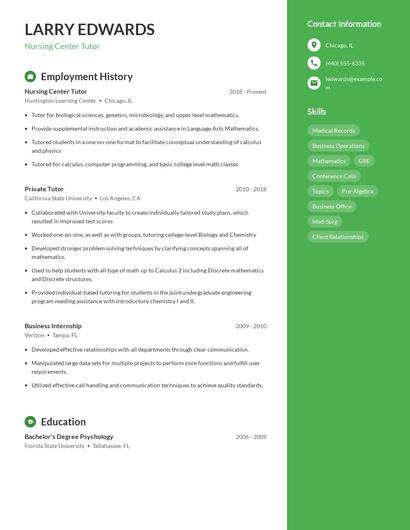 Nursing Center Tutor Resume