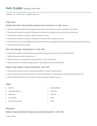 Nursing Center Tutor Resume