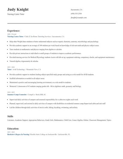 Nursing Center Tutor Resume