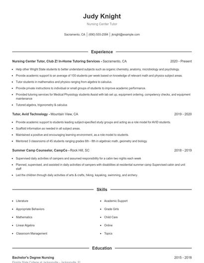 Nursing Center Tutor Resume