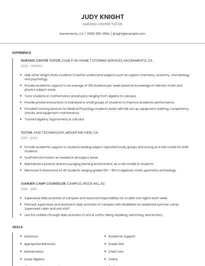 Nursing Center Tutor Resume