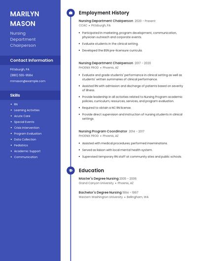 Nursing Department Chairperson Resume