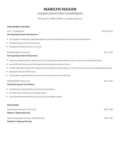 Nursing Department Chairperson Resume