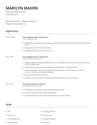 Nursing Department Chairperson Resume