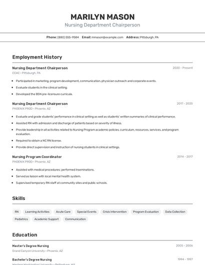 Nursing Department Chairperson Resume