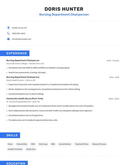 Nursing Department Chairperson Resume