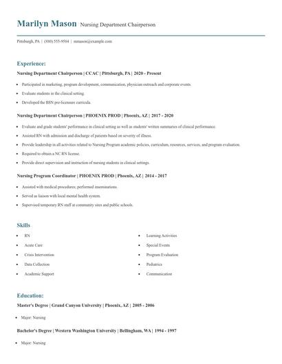 Nursing Department Chairperson Resume